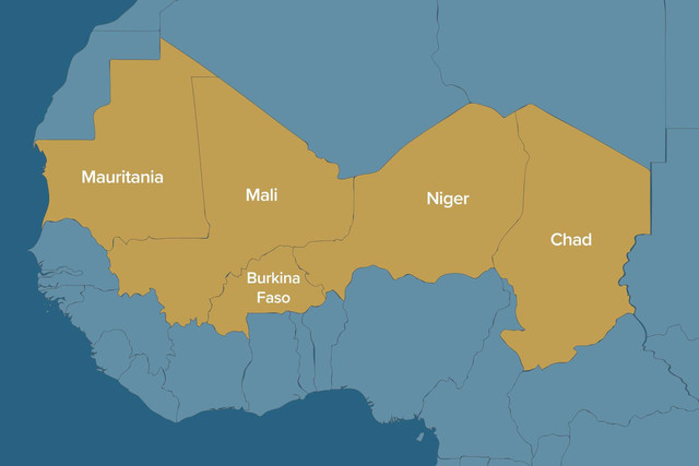 Ilustrasi peta kawasan Sahel yang menunjukkan negara-negara seperti Mali, Burkina Faso, dan Niger yang mengalami kudeta. Sumber: https://images.openai.com/static-rsc-4/