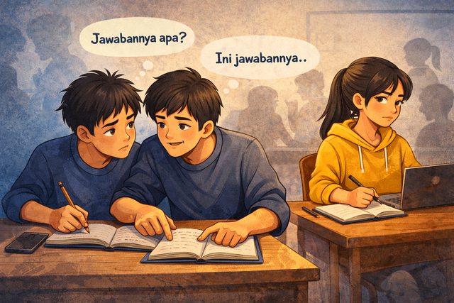 Ilustrasi siswa bergantung pada jawaban teman (Dokumen Pribadi, 2026)