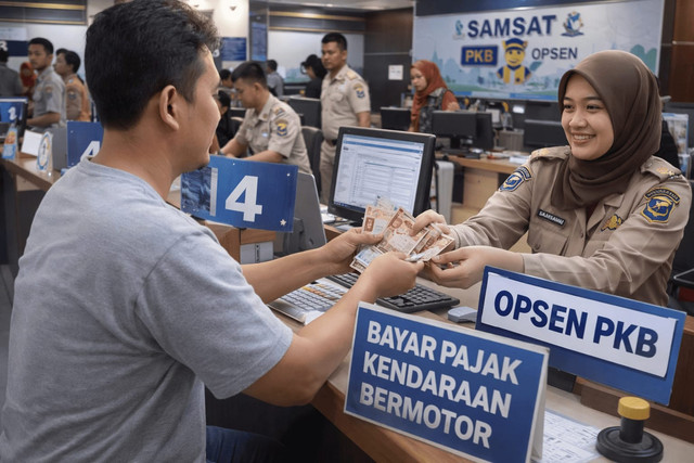 Pembayaran pajak ke daraan dan opsen PKB di kantor samsat. Sumber : Generative AI