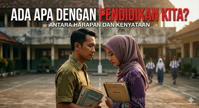 Ilustrasi: Potret dua pendidik yang mencerminkan keresahan batin pengajar terhadap ketidakpastian masa depan sistem pendidikan nasional. (Foto: Generasi Kecerdasan Buatan/Gemini)