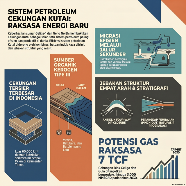 Cekungan Kutai dikenal menyimpan cadangan minyak dan gas alam terbesar di Indonesia (gambar dari NotebookLM).