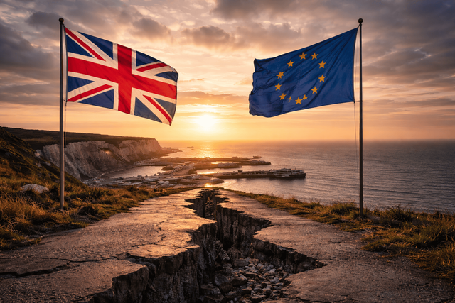 Foto menampilkan bendera Inggris dan Uni Eropa yang berdiri berhadapan di tepi tebing, dipisahkan oleh retakan di tanah, dengan latar pelabuhan dan laut saat matahari terbenam. Komposisi ini menggambarkan keputusan Brexit sebagai pemisahan yang membawa peluang sekaligus konsekuensi. Ilustrasi: hasil generasi AI