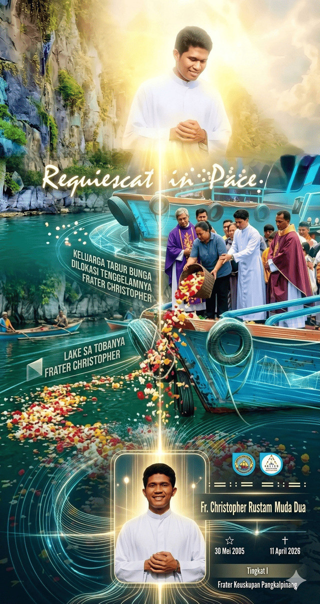 ilustrasi berasal dari Gemini ai.Suasana misa arwah Fr. Christopher Rustam Muda Dua dipenuhi tangis dan doa. Tabur bunga menjadi simbol perpisahan yang penuh cinta dan keikhlasan.