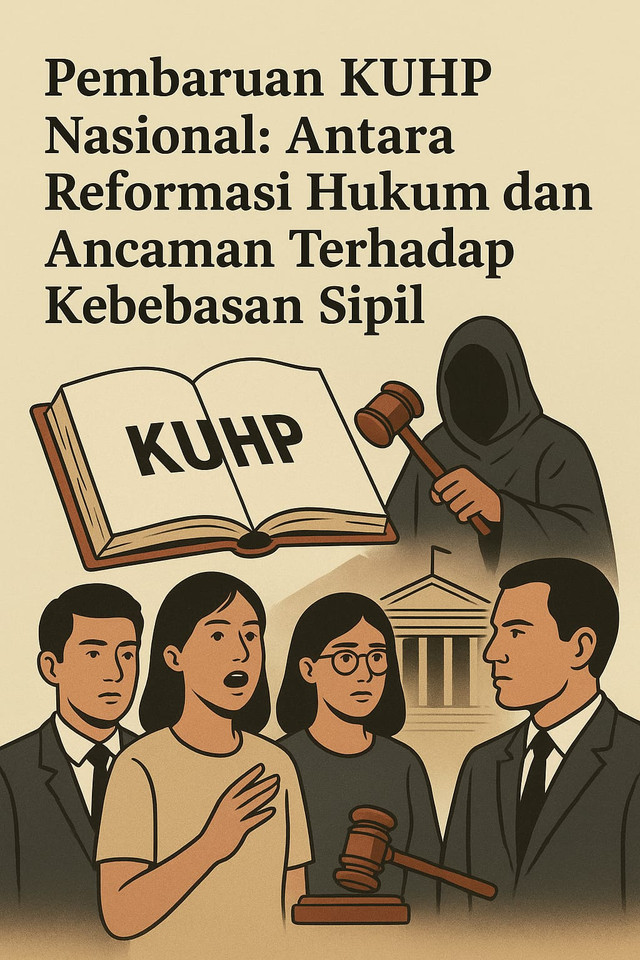 Ilustrasi terkait pembaruan KUHP dan kebebasan sipil di Indonesia. Sumber gambar: hasil generate AI menggunakan ChatGPT (OpenAI).