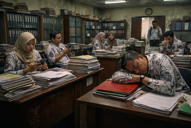 Ilustrasi kondisi ruang guru setelah siswa sudah pulang dan ketika guru yang datang tidak ada jam mengajar. Foto: Generated by AI