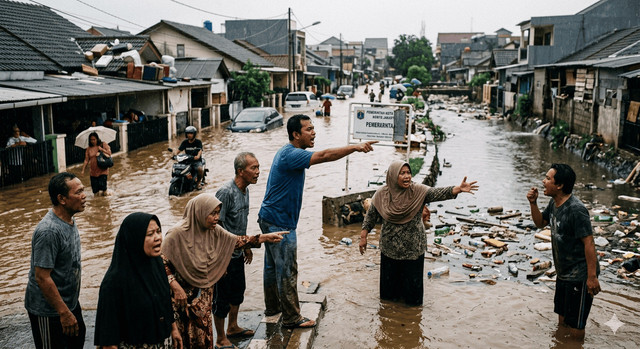 foto berasal dari gemini AI. Genangan air di jalanan saat hujan deras menjadi bukti bahwa masalah banjir belum terselesaikan.