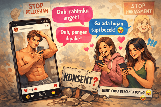 Ilustrasi fenomena komentar bernuansa seksual di media sosial yang kerap dibungkus sebagai candaan, memperlihatkan bagaimana batas antara ekspresi, humor, dan objektifikasi semakin kabur di ruang digital. Foto: Generated by AI