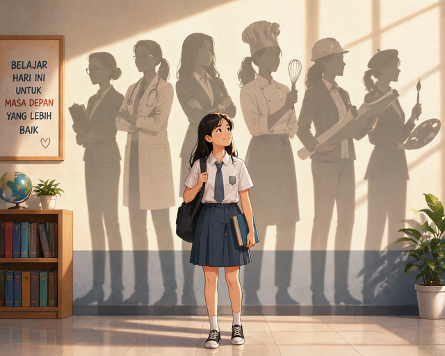 Ilustrasi siswa dengan bayangan profesi (Dokumen ChatGPT)