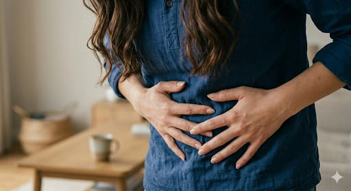 Sumber : AI (Gemini). Ilustrasi kesehatan pencernaan dan perut mules akubaakibat gebetan