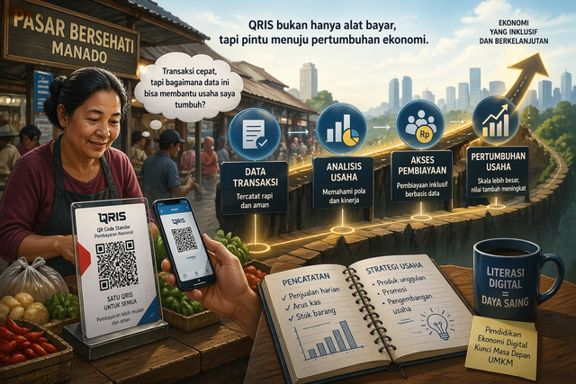 Ilustrasi QRIS dan Pendidikan Ekonomi Menjadi  Pendukung Pertumbuhan Ekonomi (Foto Generated by AI)