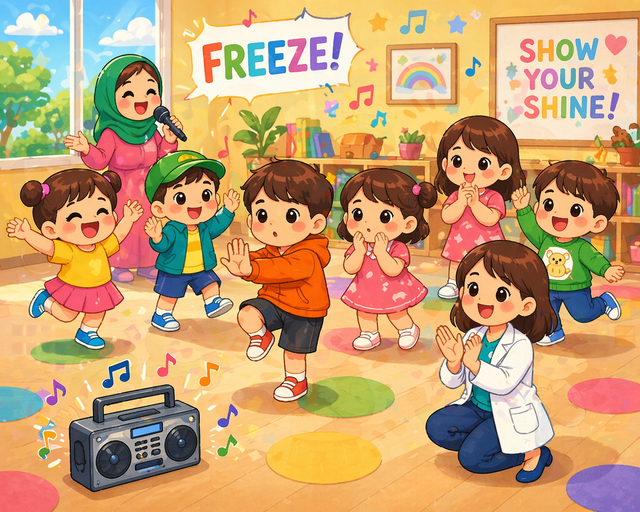 Ilustrasi permainan “Freeze Time, Show Your Shine”, saat anak-anak berhenti seketika ketika musik dihentikan dalam suasana yang ceria dan suportif. Foto: Dokumentasi pribadi