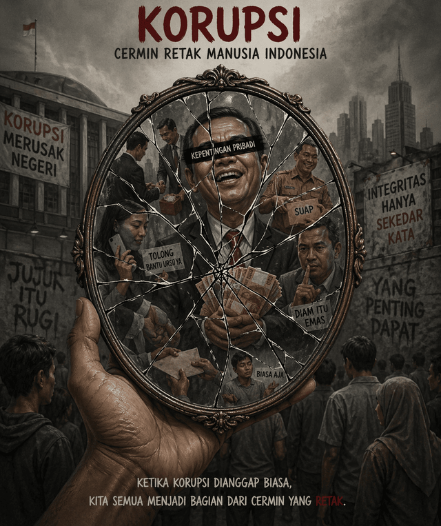 Ilustrasi budaya korupsi cermin retak manusia Indonesia. Foto: Generated by AI