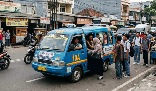 Di jalan yang ramai dan padat, angkot ini terus melaju dan melayani kebutuhan transportasi warga. Foto: Gemini AI