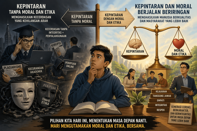 Ilustrasi ini menggambarkan dua arah kehidupan: di satu sisi, kepintaran tanpa moral melahirkan kecurangan, penipuan, dan kehilangan arah; di sisi lain, kepintaran yang disertai nilai moral dan etika menghasilkan pribadi berintegritas dan masyarakat yang lebih baik. Pilihan tersebut menentukan masa depan. Foto: Generated by AI