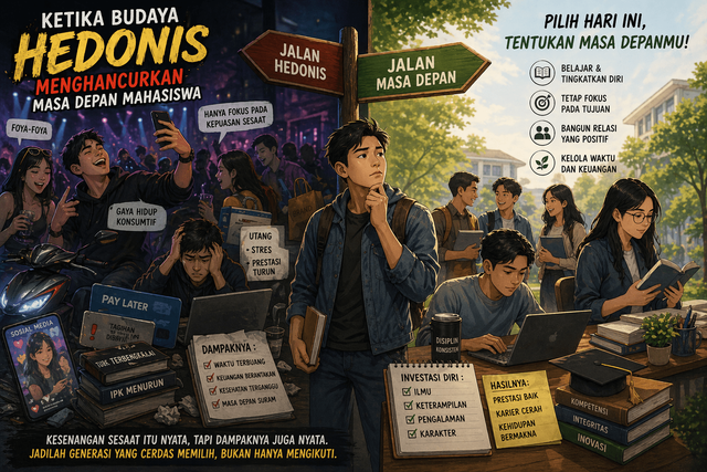 Ilustrasi ini menampilkan dua pilihan hidup mahasiswa: sisi kiri menunjukkan gaya hidup hedonis penuh kesenangan sesaat, konsumtif, dan berdampak negatif; sisi kanan menunjukkan kehidupan disiplin, fokus belajar, dan pengembangan diri. Mahasiswa di tengah melambangkan dilema dalam menentukan masa depan. Sumber Foto: AI Pictures