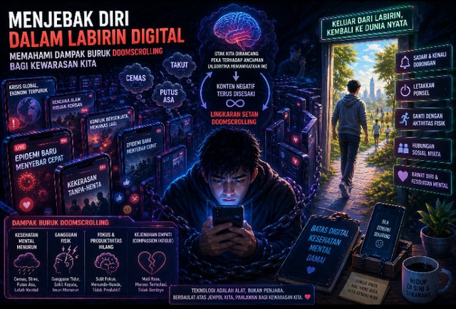 Ilustrasi AI Tentang Jebakan Doomscrolling dan Jalan Keluar Menuju Kehidupan Nyata (Sumber: Dokumen Pribadi)