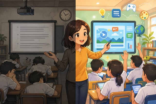 Gambar ini menunjukkan bahwa perbedaan cara penyampaian materi sangat menentukan minat belajar siswa bukan materinya yang berubah, tetapi bagaimana guru menyajikannya agar tidak kalah menarik dari dunia digital. Sumber gambar ini di ambil dari : https://chatgpt.com/s/m_69eb20b001148191a8104dd8770cccb1