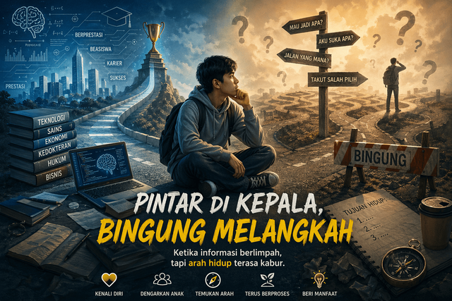 Ilustrasi ini menggambarkan generasi muda yang kaya prestasi dan pengetahuan, tetapi berada di persimpangan arah hidup. Di tengah banyak pilihan, menemukan tujuan menjadi tantangan terbesar.Gambar ini dihasilkan dari Gemini AI.