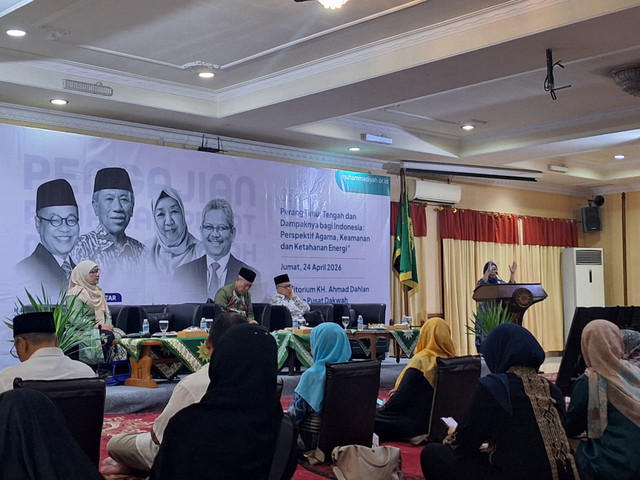 Suasana pembahasan "Perang Timur Tengah dan Dampaknya bagi Indonesia: Perspektif Agama, Keamanan dan Ketahanan Energi" di Gedung Pusat Dakwah Muhammadiyah Jakarta (24/4/2026). Foto: Kevin Daniel/kumparan
