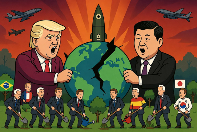 ilustrasi geopolitik dan perubahan iklim (dibuat dari grok ai)