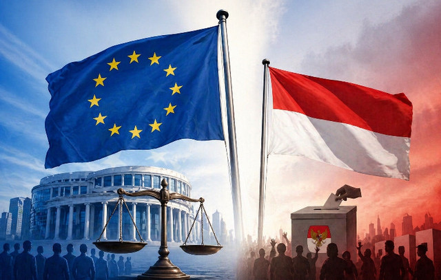  Perbandingan demokrasi Uni Eropa dan Indonesia.Sumber: Ilustrasi AI 2026.