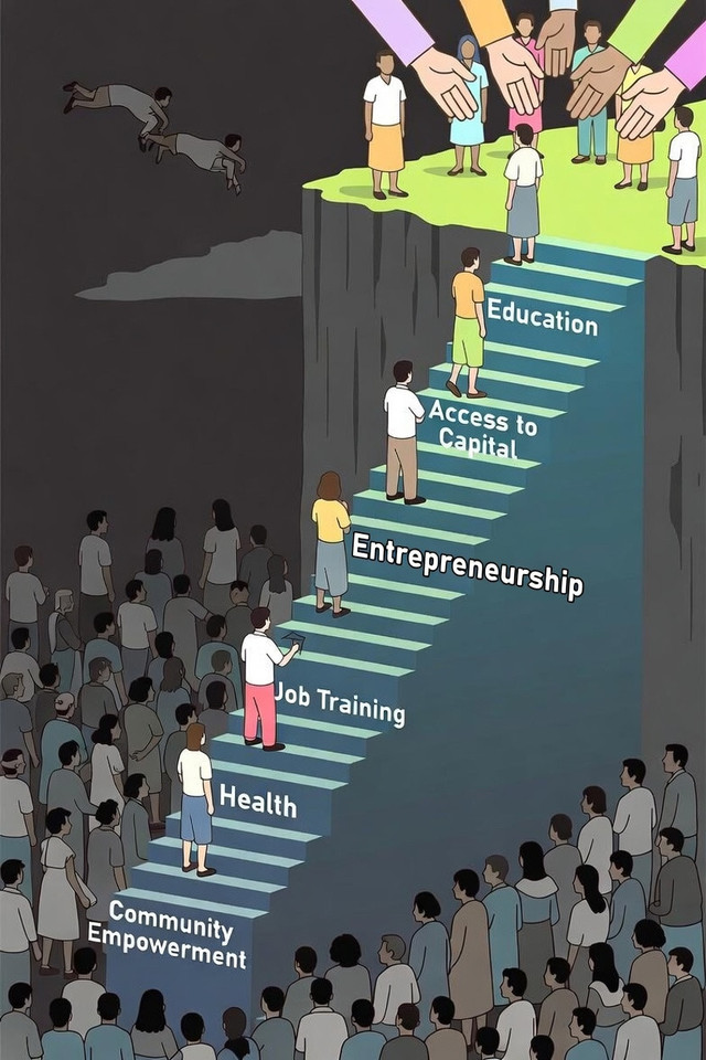 Ilustrasi pathway keluar dari jalur kemiskinan (dibuat dengan grok ai)