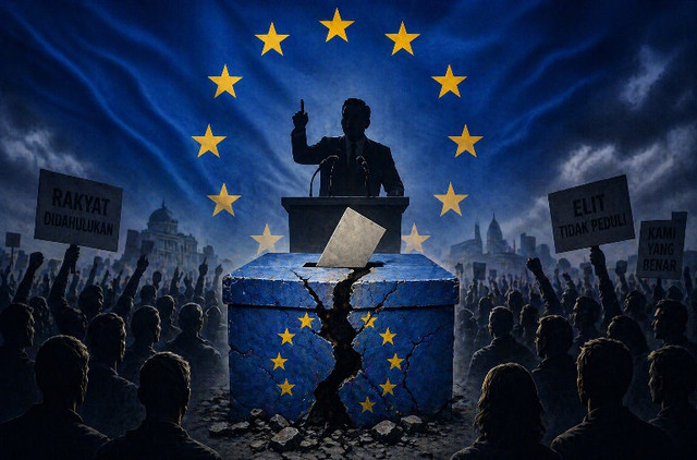 Populisme memecah demokrasi Uni Eropa melalui tekanan terhadap institusi dan opini publik.Sumber: Ilustrasi AI  2026