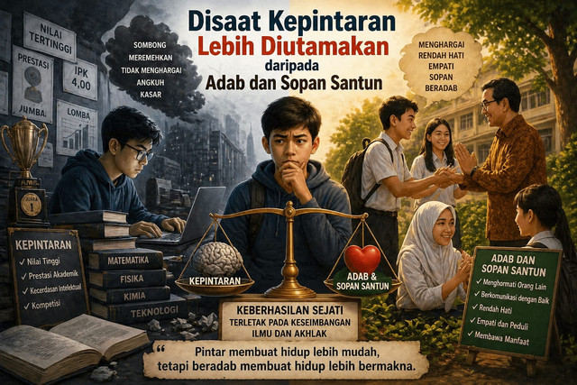 Gambar membandingkan kepintaran tanpa adab dan sikap beradab, dengan timbangan di tengah sebagai simbol pentingnya keseimbangan antara ilmu dan akhlak. Sumber AI Pictures