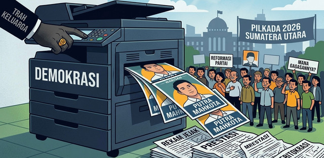ilustrasi politik "fotokopi" dan pewarisan kekuasaan dalam pilkada sumatera utara,gambar ini diambil dari gemini AI