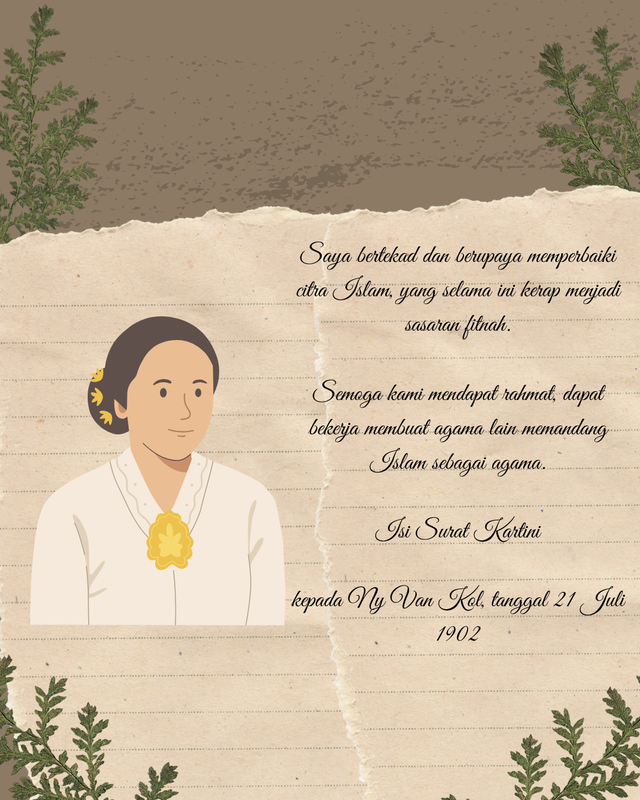 Ilustrasi foto RA Kartini dan isi suratnya kepada Ny. Van Kol ( sumber: Canva)