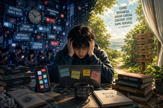 Remaja tertekan di tengah hiruk digital dan ketenangan alam sebagai simbol keseimbangan. Foto: Generated by AI