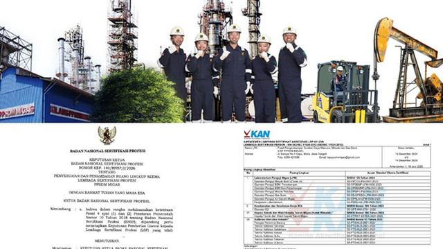 Lembar akreditasi dari KAN dan lisensi dari BNSP. (Dok. Humas PPSDM Migas)
