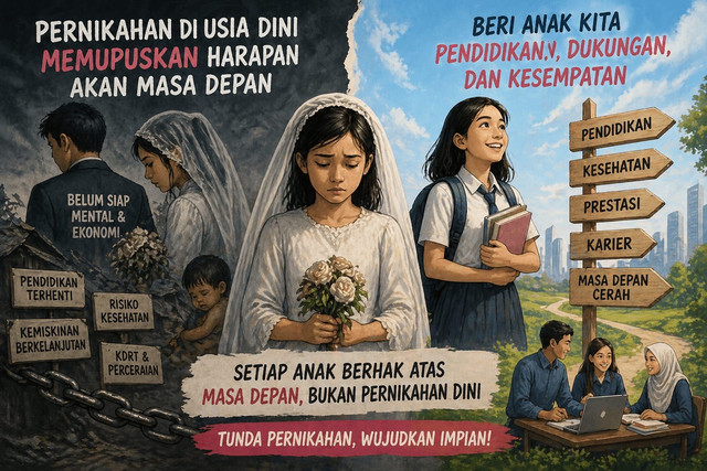 Ilustrasi ini menunjukkan kontras antara dampak buruk pernikahan dini—seperti putus sekolah, risiko kesehatan, dan kemiskinan—dengan harapan masa depan cerah melalui pendidikan, dukungan, dan kesempatan bagi anak. Sumber: AI Pictures