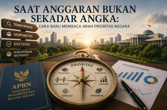 Ilustrasi bertema kebijakan anggaran negara yang menampilkan laporan keuangan, grafik pertumbuhan, dan simbol prioritas pembangunan seperti SDM, digitalisasi, dan ketahanan ekonomi, dengan latar kota modern dan nuansa profesional. Foto: Dok. ChatGPT