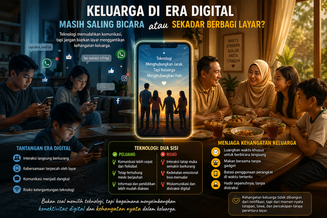 Ilustrasi perbandingan komunikasi keluarga di era digital, antara interaksi berbasis teknologi dan kedekatan emosional melalui komunikasi tatap muka. Foto: Dokumentasi pribadi