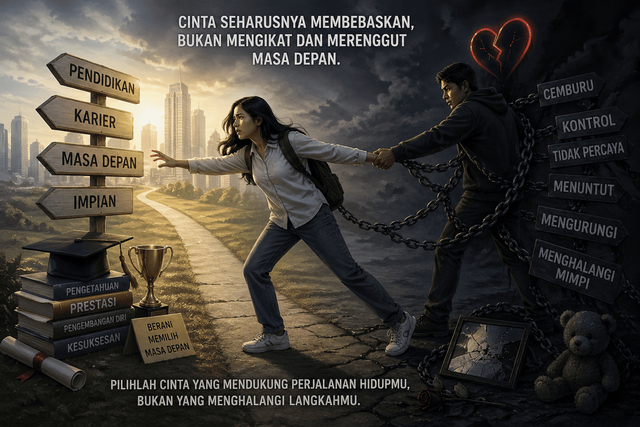 Gambar ini menggambarkan konflik antara cinta dan masa depan melalui simbol visual yang kontras. Di sisi kiri, terlihat jalan terang menuju pendidikan, karier, impian, dan kesuksesan—melambangkan masa depan yang penuh peluang. Di sisi kanan, hadir suasana gelap dengan rantai, hati retak, serta kata-kata seperti cemburu, kontrol, dan menghalangi mimpi—mewakili hubungan yang toxic dan mengekang. Foto: Generated by AI