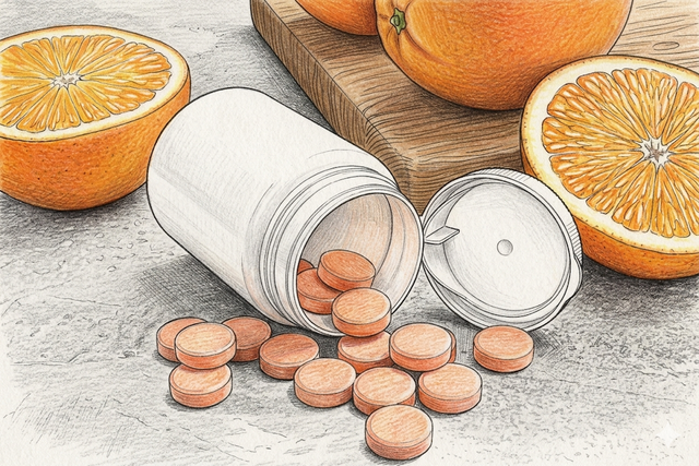 Ilustrasi vitamin C sintesis dan alami.photo by Gemini AI