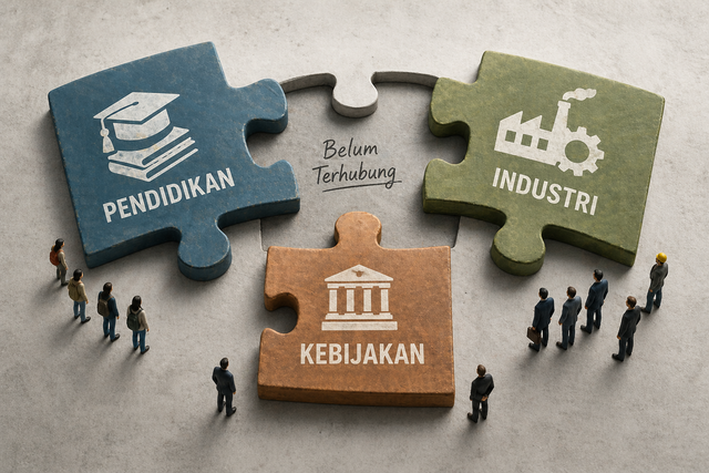 Ilustrasi menampilkan tiga kepingan puzzle bertuliskan pendidikan, industri, dan kebijakan yang belum saling terhubung, dengan figur-figur manusia di sekelilingnya melambangkan sistem yang berjalan sendiri-sendiri tanpa keterkaitan yang utuh. Foto: Generated by AI