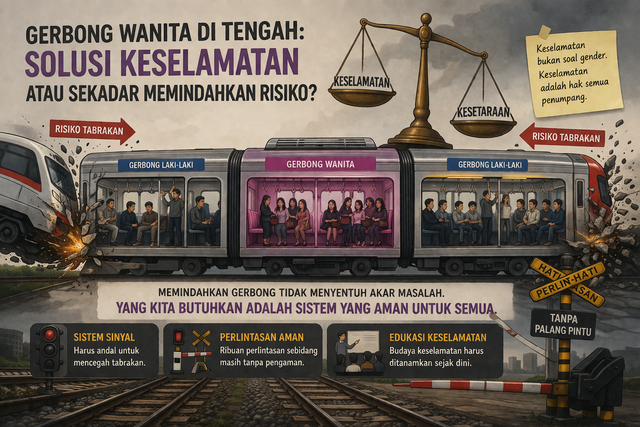 Ilustrasi perdebatan posisi gerbong wanita dalam isu keselamatan transportasi publik. Foto: Ilustrasi/AI