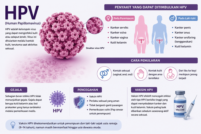 Gambar 1. Ilustrasi artificial intelligence (AI) Infografis Human Papillomavirus (HPV), penularan, dampak, dan pencegahannya melalui vaksinasi.