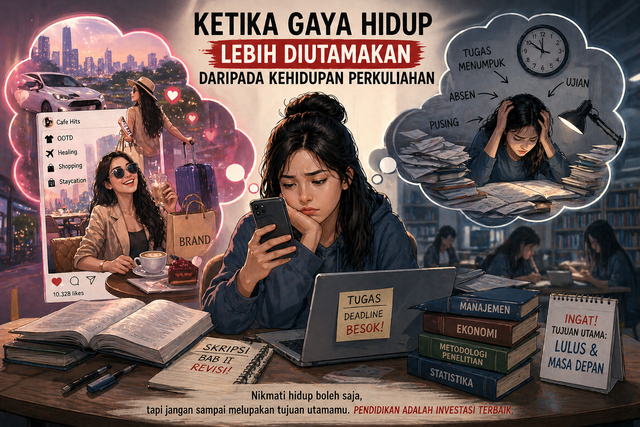 Ilustrasi ini menggambarkan seorang mahasiswa yang terjebak antara gaya hidup modern dan tanggung jawab perkuliahan. Di satu sisi terlihat aktivitas sosial dan tren gaya hidup, sementara di sisi lain tampak tekanan tugas, ujian, dan deadline. Gambar ini menekankan konflik prioritas antara kesenangan sesaat dan masa depan pendidikan.Sumber AI pictures