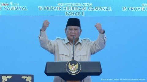 Presiden Prabowo Subianto dalam acara Groundbreaking 13 Proyek Hilirisasi Nasional Tahap II di Cilacap, Jawa Tengah, Rabu (29/4/2026). Foto: Dok. MIND ID