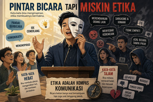 Ilustrasi ini menampilkan kontras antara kemampuan berbicara dan etika. Satu sisi menunjukkan komunikasi cerdas dan inspiratif, sementara sisi lain memperlihatkan kata-kata kasar, merendahkan, dan tanpa empati. sumber AI Pictures