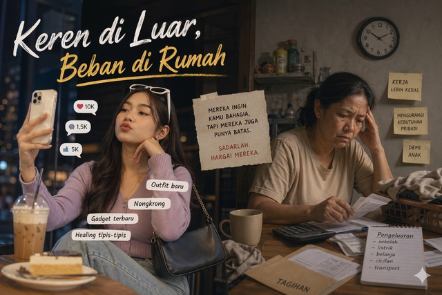 Gambar ini menunjukkan kontras antara gaya hidup anak muda yang terlihat mewah di luar dan perjuangan orang tua di rumah yang diam-diam menanggung beban finansialnya. Sumber: Gemini AI