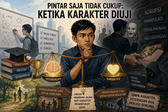 Ilustrasi menampilkan seorang pemuda menimbang kecerdasan dan karakter. Di satu sisi prestasi, di sisi lain godaan seperti korupsi dan hoaks, menegaskan bahwa pintar saja tidak cukup tanpa integritas. Foto: Generated by AI