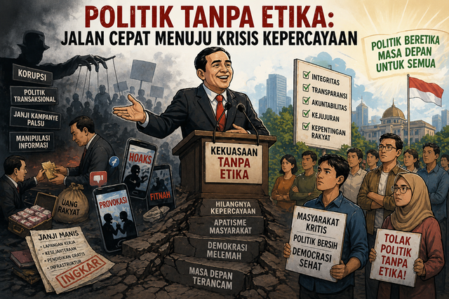 Ilustrasi menampilkan politisi bertopeng dengan janji manis, diiringi korupsi dan hoaks. Jalan retak melambangkan runtuhnya kepercayaan publik.Sumber AI Pictures