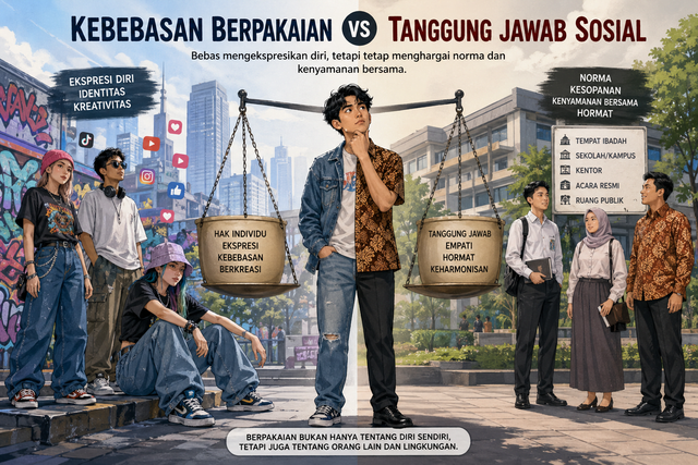 Ilustrasi menampilkan perbandingan kebebasan berpakaian dan tanggung jawab sosial, dengan tokoh di tengah menimbang keduanya, menggambarkan pentingnya keseimbangan antara ekspresi diri dan norma. Sumber ChatGPT