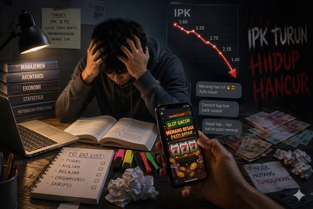 Seorang mahasiswa tampak putus asa di meja belajarnya, dikelilingi buku dan catatan, sementara layar ponsel yang menampilkan judi online dan grafik IPK yang menurun menggambarkan kehancuran akademik dan hidupnya. Sumber: GPT AI