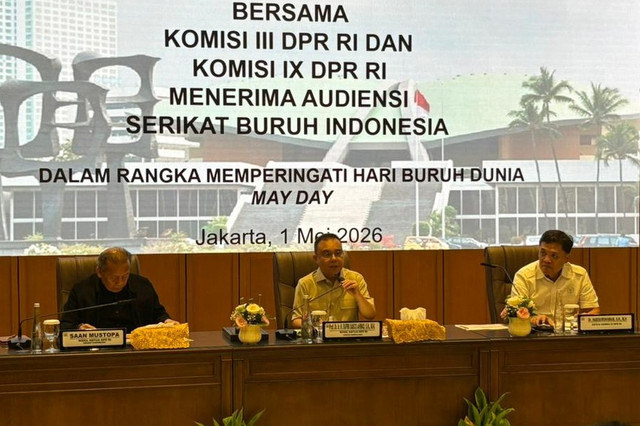 Pimpinan DPR bersama Komisi III dan Komisi IX menerima audiensi serikat buruh di Gedung DPR, Jakarta, Jumat (1/5/2026). Foto: Nasywa Athifah/kumparan