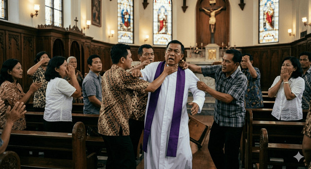 foto berasal dari Gemini AI. Momen memilukan ketika seorang pastor diduga mengalami kekerasan saat memimpin misa di NTT. Peristiwa ini berawal dari teguran yang berubah menjadi emosi tak terkendali, mengoyak makna ruang ibadah sebagai tempat damai dan penuh kasih.